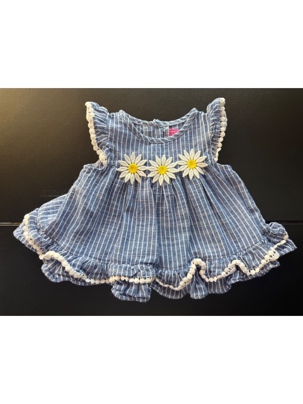 Goodlad Baby Girls 6M Blue Stripe Daisy Ruffle Dress Pom Pom Trim Summer